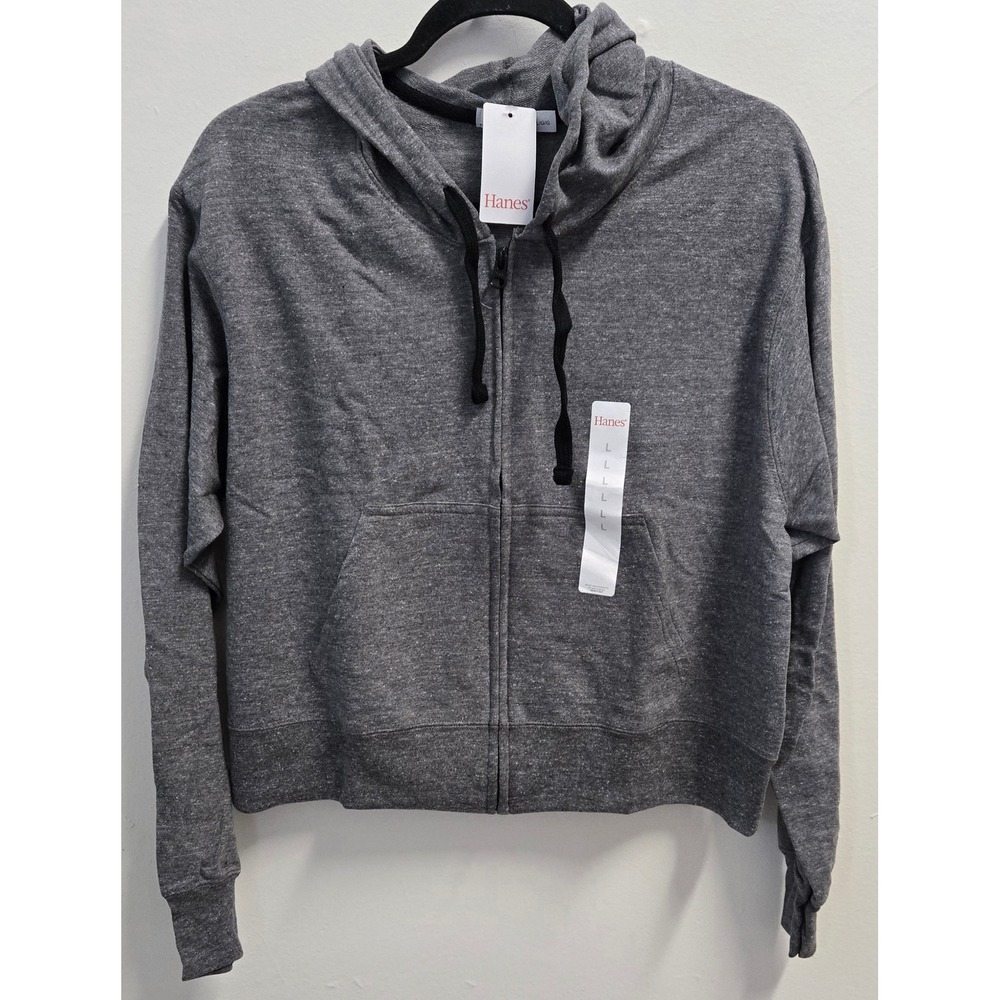 Hanes Womens Full Zip Cropped Hoodie Charcoal Gray Heather WFT587 Large NWT